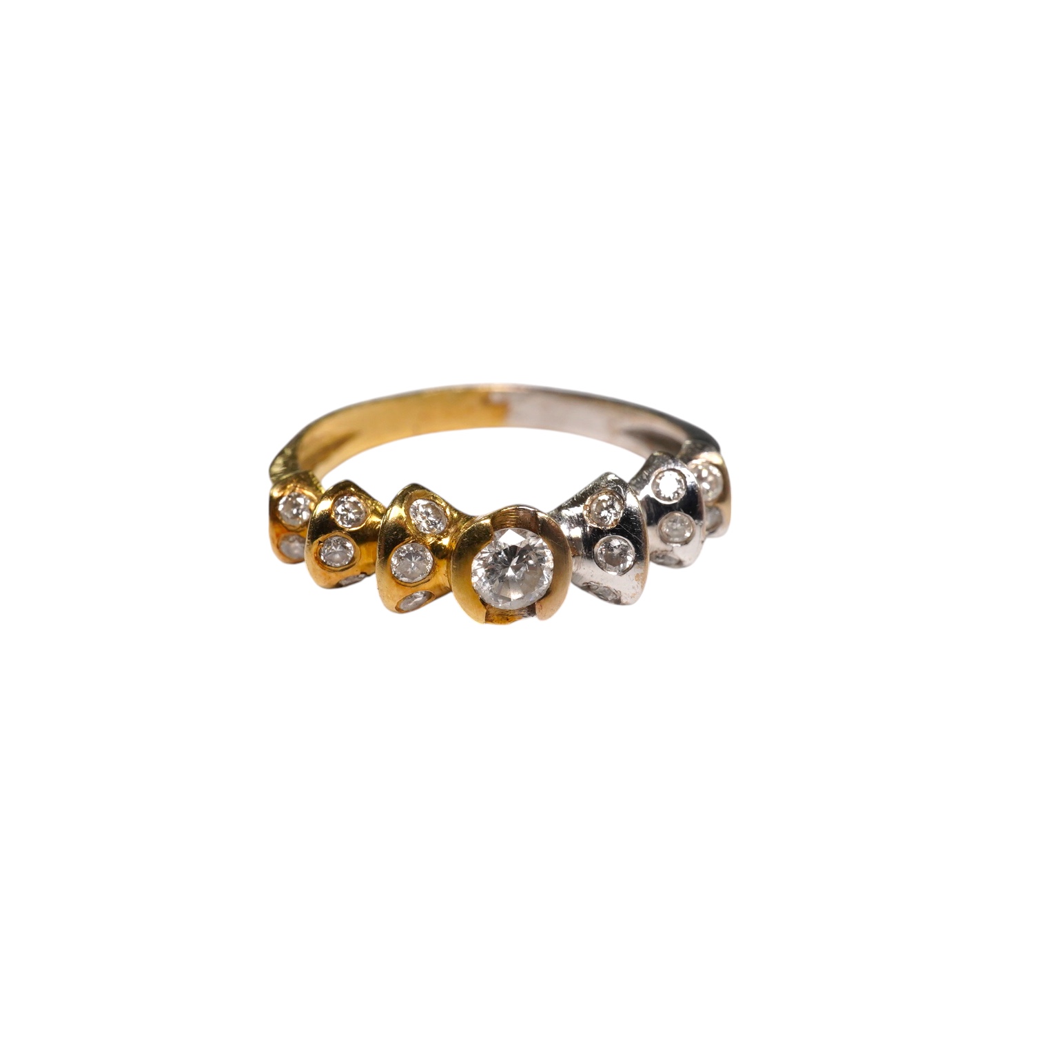 A yellow and white metal and seventeen stone diamond cluster set half hoop ring, size O/P, gross weight 3.3 grams. Condition - fair